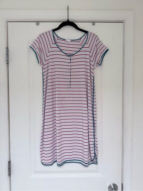 Lake Pima Nightgown Striped Short Sleeve Pajama T-shirt Dress Red and Blue XS